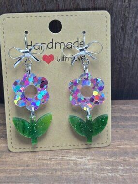 NWT Sparkle Flower Earrings Pierced Silver Tone Bow Cottagecore Dangle Drop OOAK